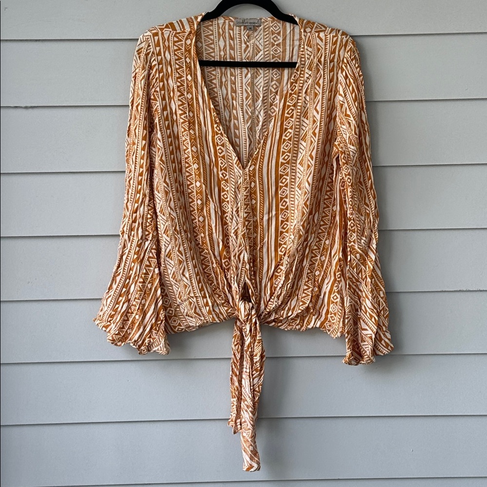 ☀️BOGO Item Wishlist Apparel Tie Front Bell Sleeve Gold Top☀️